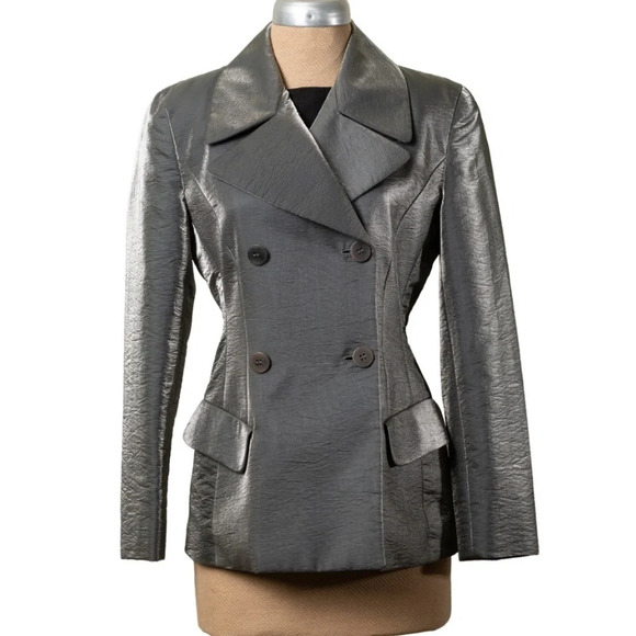 90s Donna Karan Black Label Double Breasted Blazer Silver Size 4 Vintage
